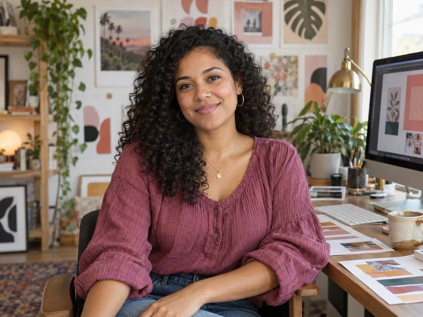 La diseñadora independiente ficticia Maya Brooks en un cómodo espacio de trabajo