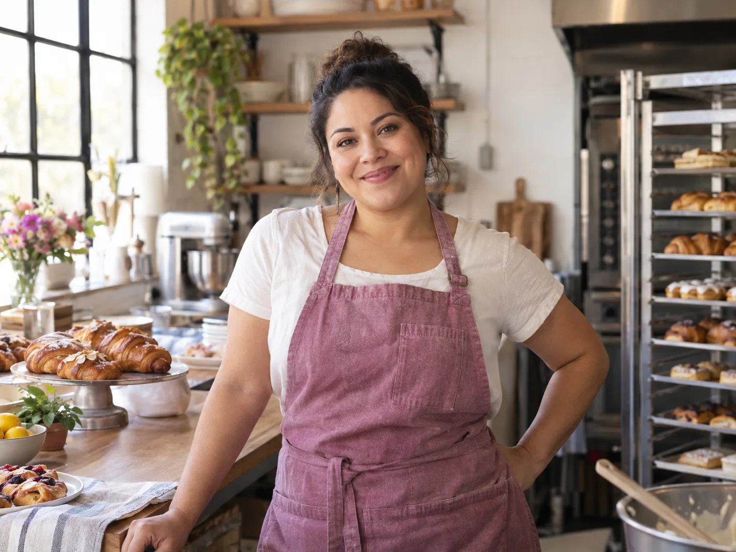 La propietaria de una panadería ficticia, Rosa Martínez, en una luminosa cocina artesanal
